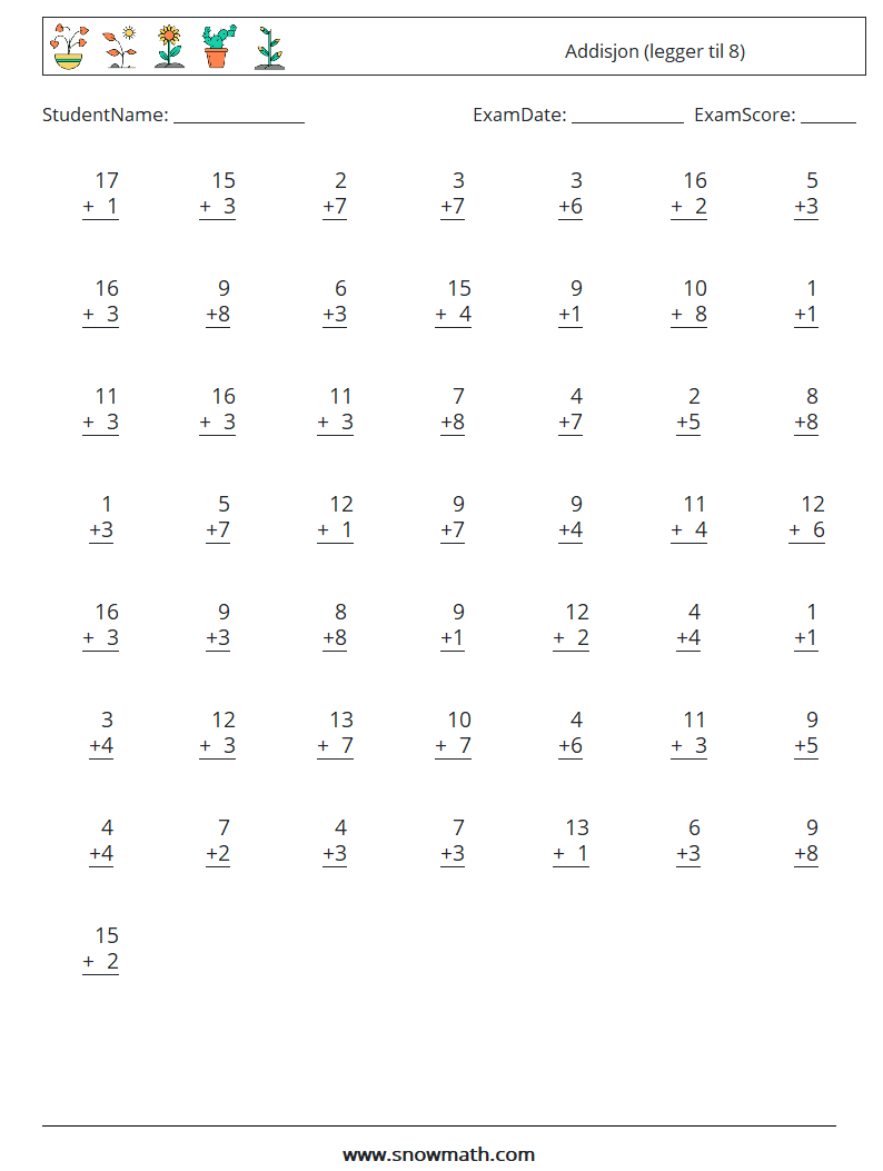(50) Addisjon (legger til 8) MathWorksheets 6