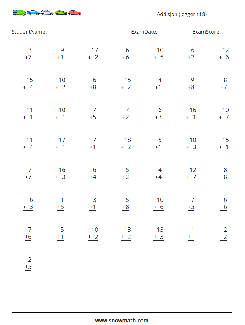 (50) Addisjon (legger til 8) MathWorksheets 9