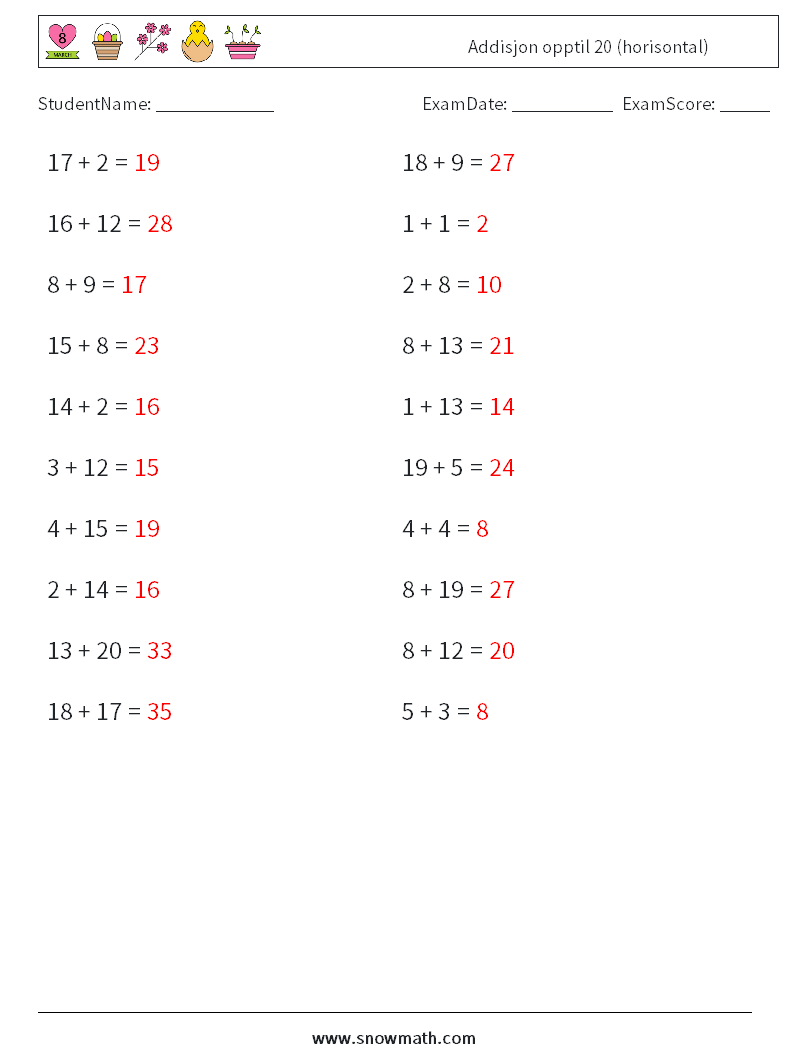 (20) Addisjon opptil 20 (horisontal) MathWorksheets 1 QuestionAnswer