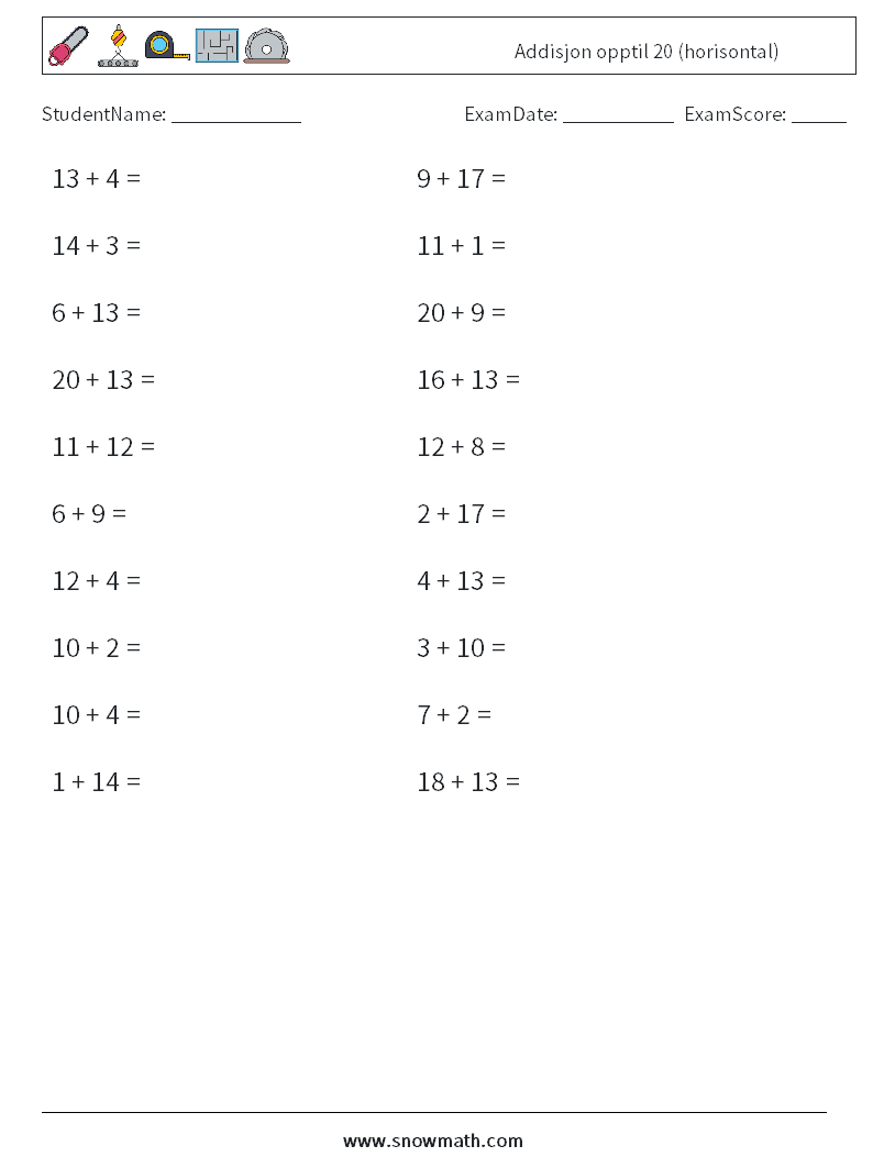 (20) Addisjon opptil 20 (horisontal) MathWorksheets 2