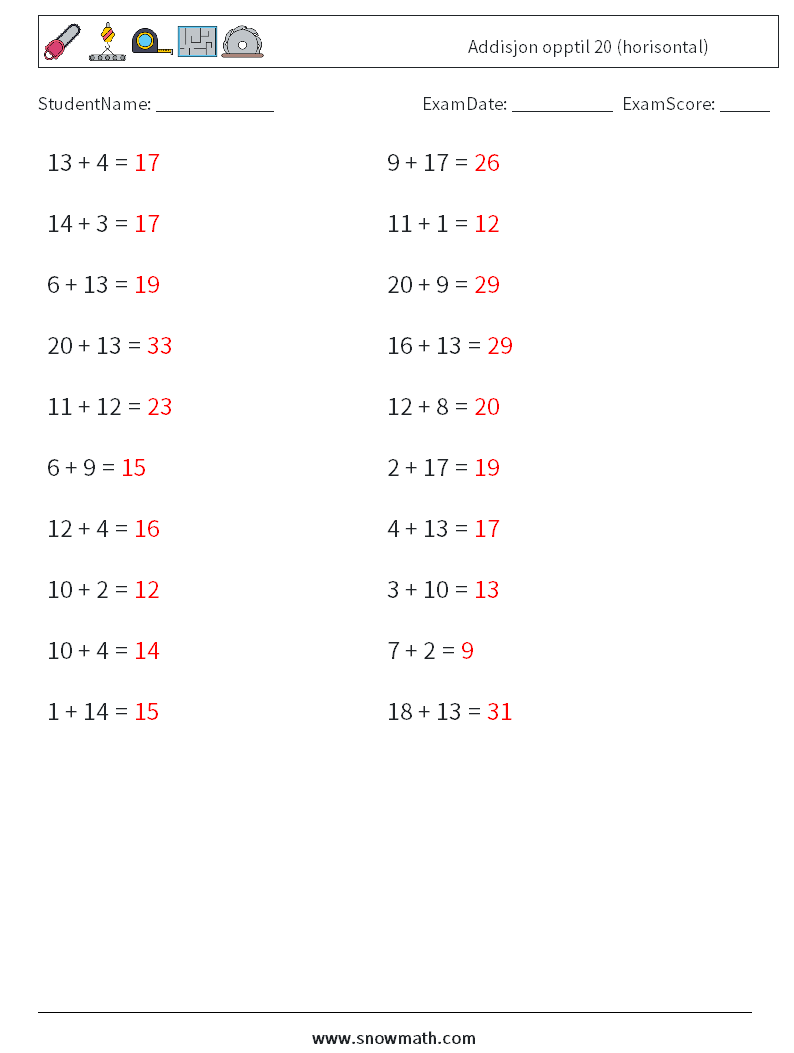 (20) Addisjon opptil 20 (horisontal) MathWorksheets 2 QuestionAnswer