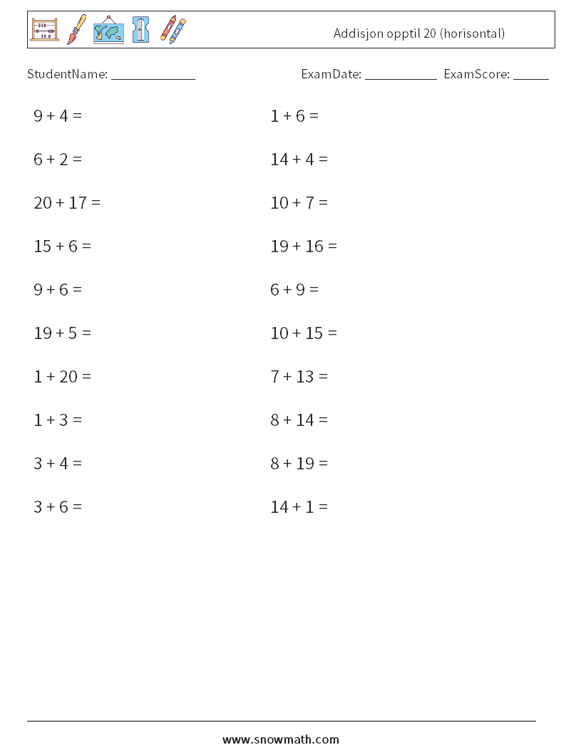 (20) Addisjon opptil 20 (horisontal) MathWorksheets 3