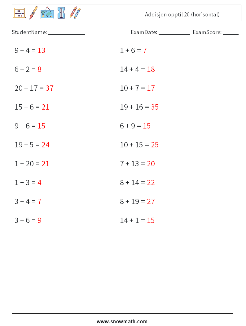 (20) Addisjon opptil 20 (horisontal) MathWorksheets 3 QuestionAnswer