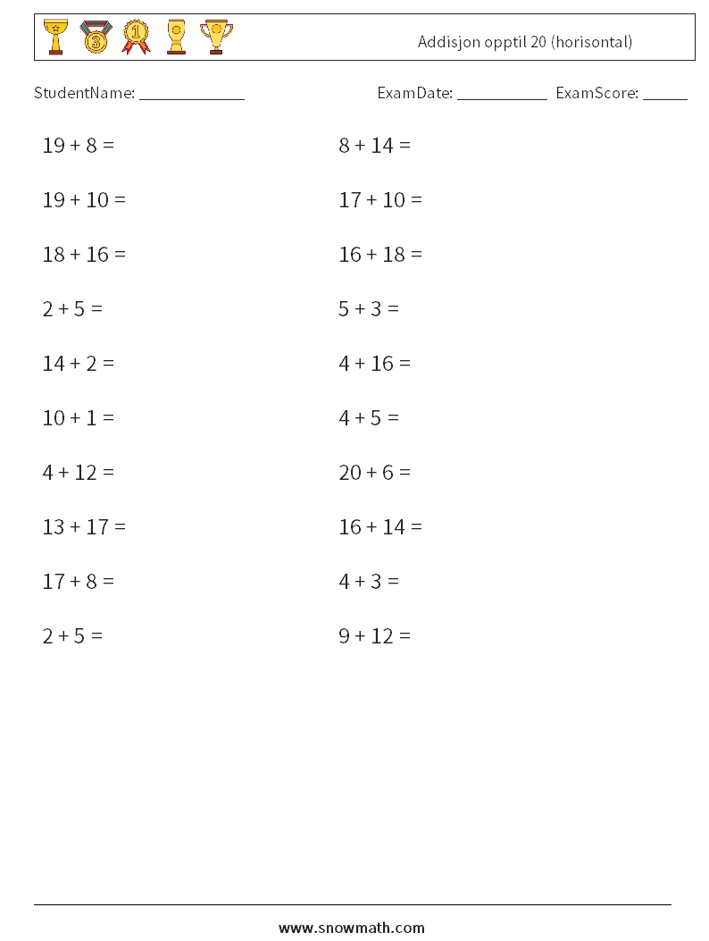 (20) Addisjon opptil 20 (horisontal) MathWorksheets 4
