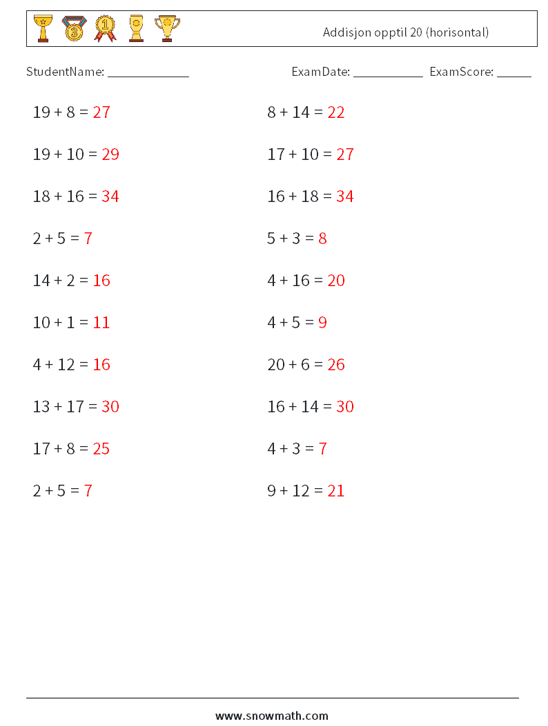 (20) Addisjon opptil 20 (horisontal) MathWorksheets 4 QuestionAnswer