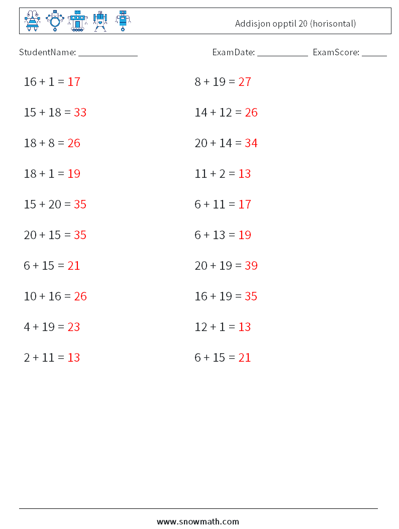 (20) Addisjon opptil 20 (horisontal) MathWorksheets 5 QuestionAnswer