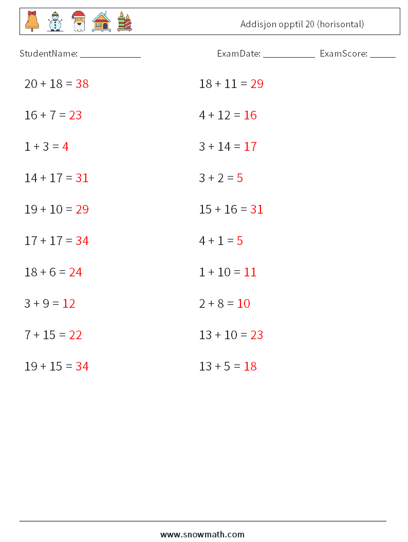 (20) Addisjon opptil 20 (horisontal) MathWorksheets 6 QuestionAnswer