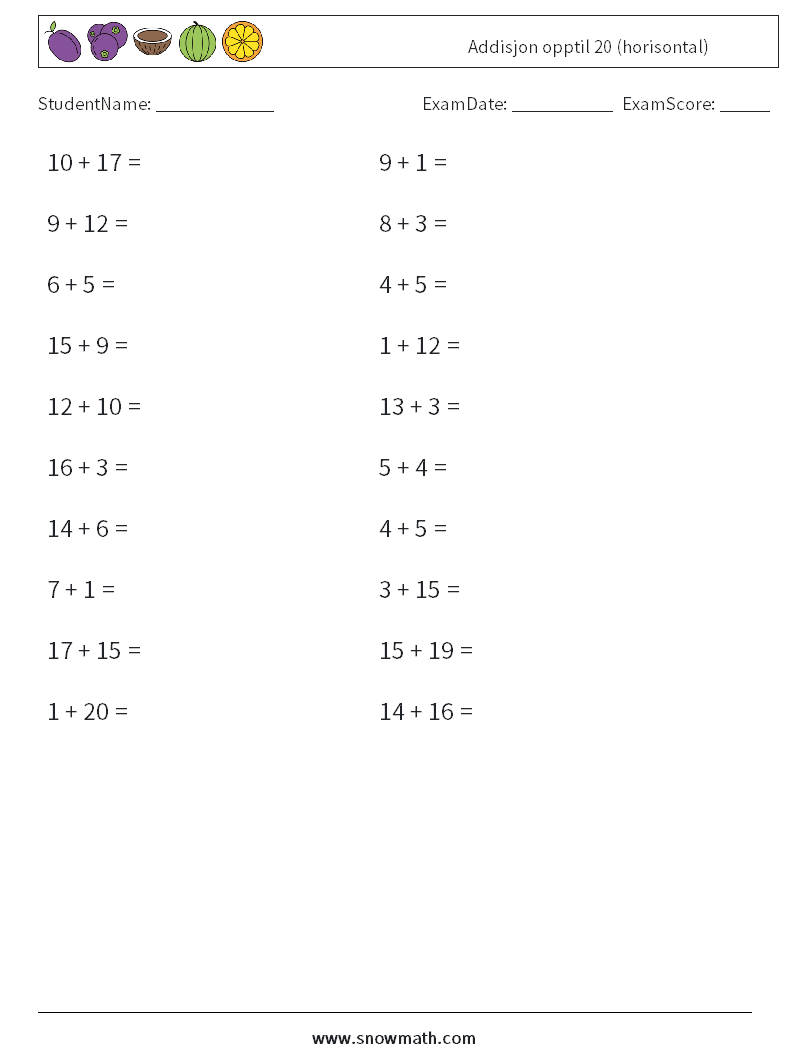 (20) Addisjon opptil 20 (horisontal) MathWorksheets 7