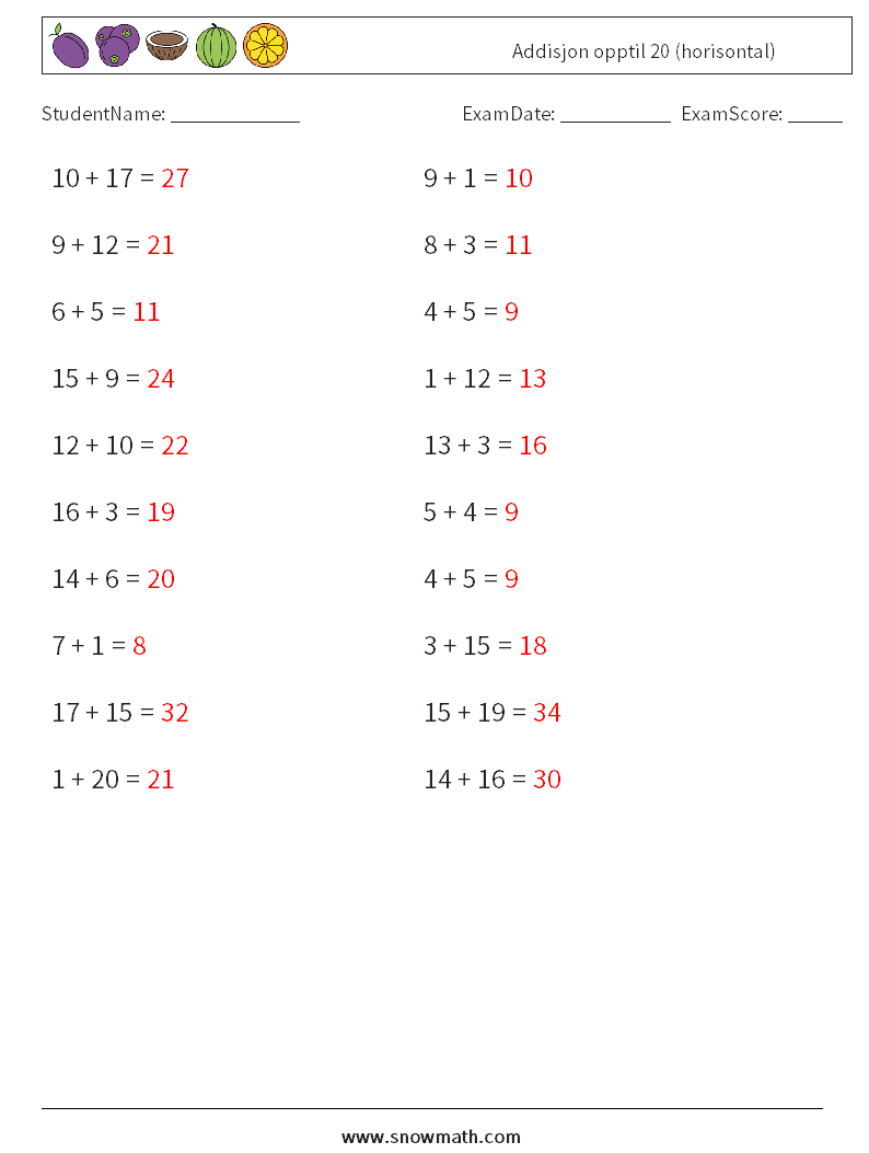 (20) Addisjon opptil 20 (horisontal) MathWorksheets 7 QuestionAnswer