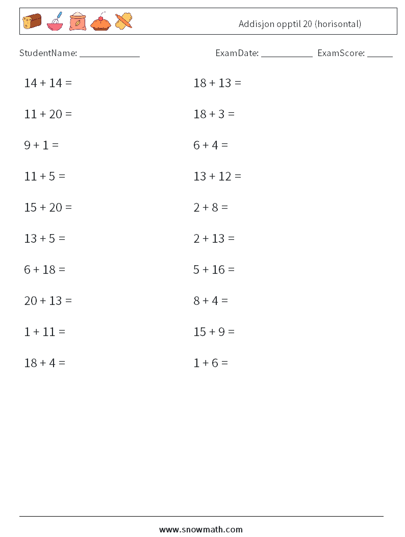 (20) Addisjon opptil 20 (horisontal) MathWorksheets 8