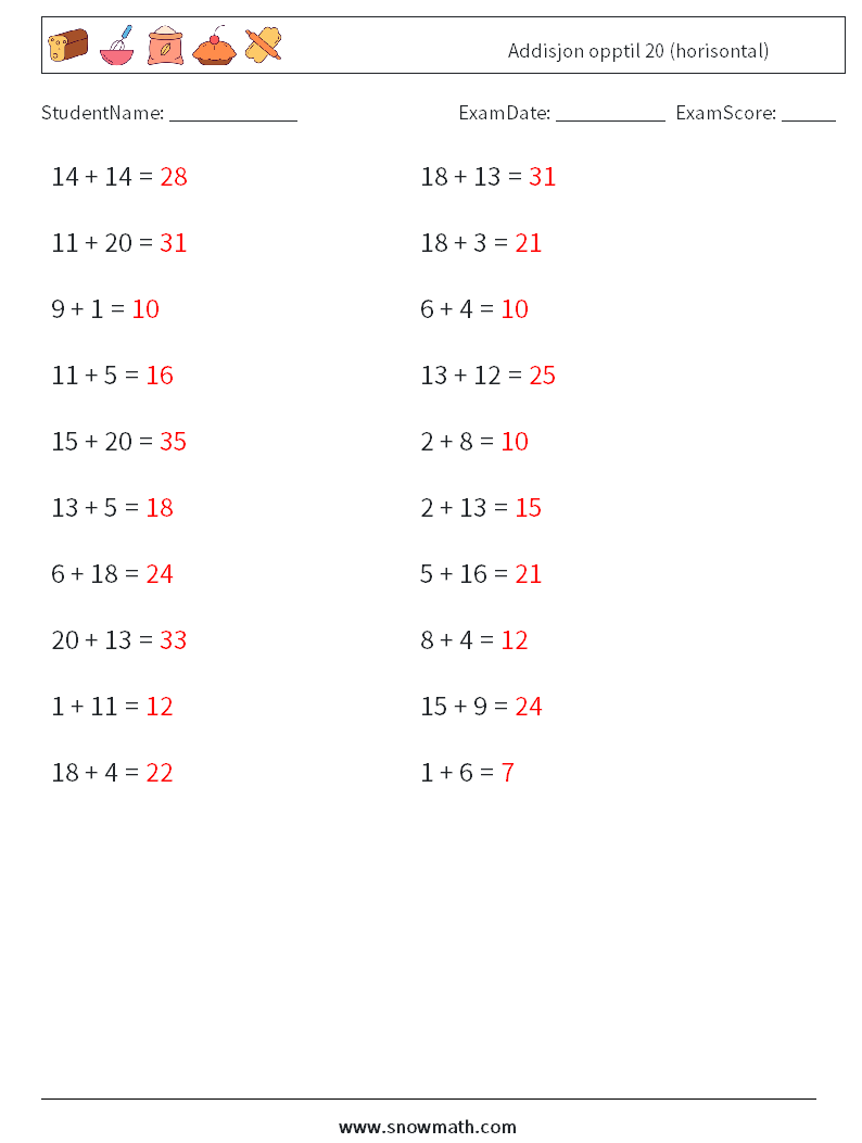 (20) Addisjon opptil 20 (horisontal) MathWorksheets 8 QuestionAnswer