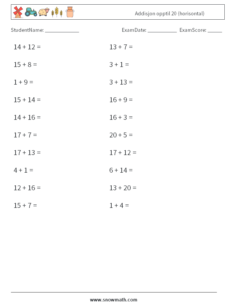 (20) Addisjon opptil 20 (horisontal) MathWorksheets 9