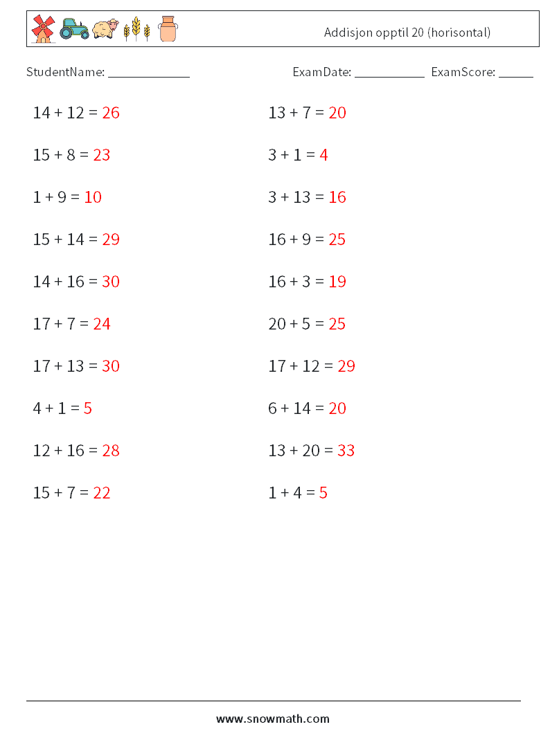 (20) Addisjon opptil 20 (horisontal) MathWorksheets 9 QuestionAnswer