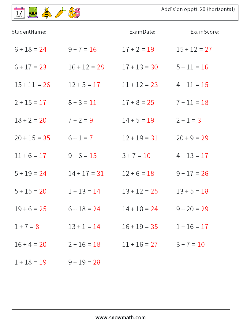 (50) Addisjon opptil 20 (horisontal) MathWorksheets 1 QuestionAnswer