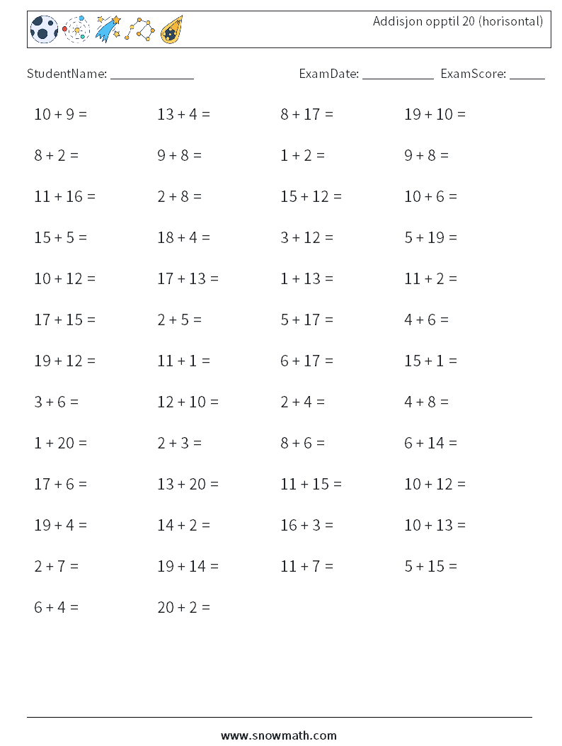 (50) Addisjon opptil 20 (horisontal) MathWorksheets 2