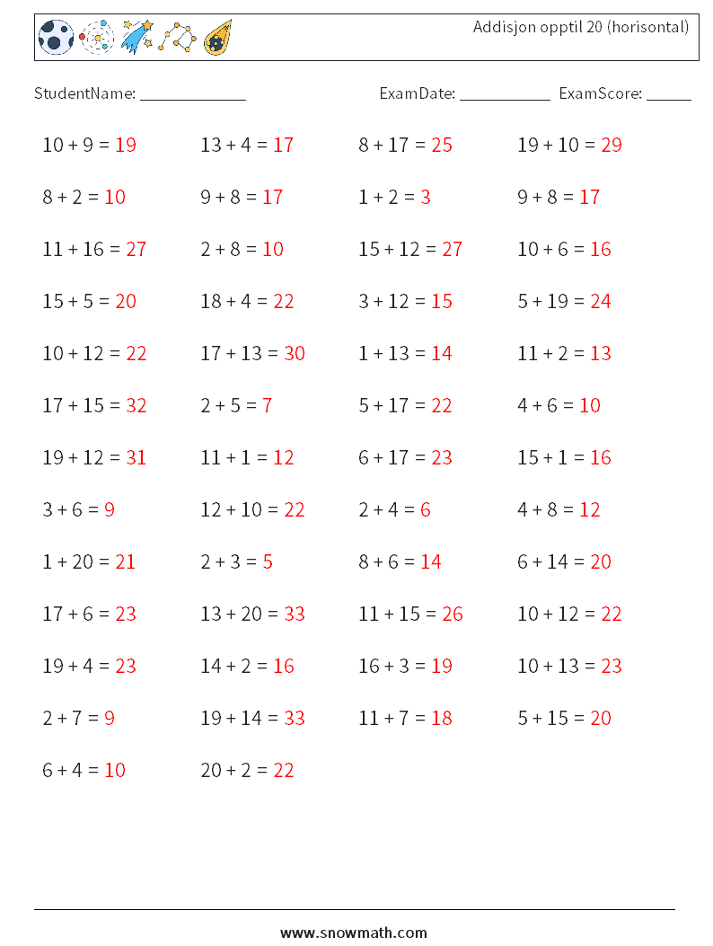 (50) Addisjon opptil 20 (horisontal) MathWorksheets 2 QuestionAnswer