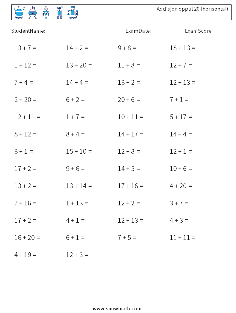 (50) Addisjon opptil 20 (horisontal) MathWorksheets 3