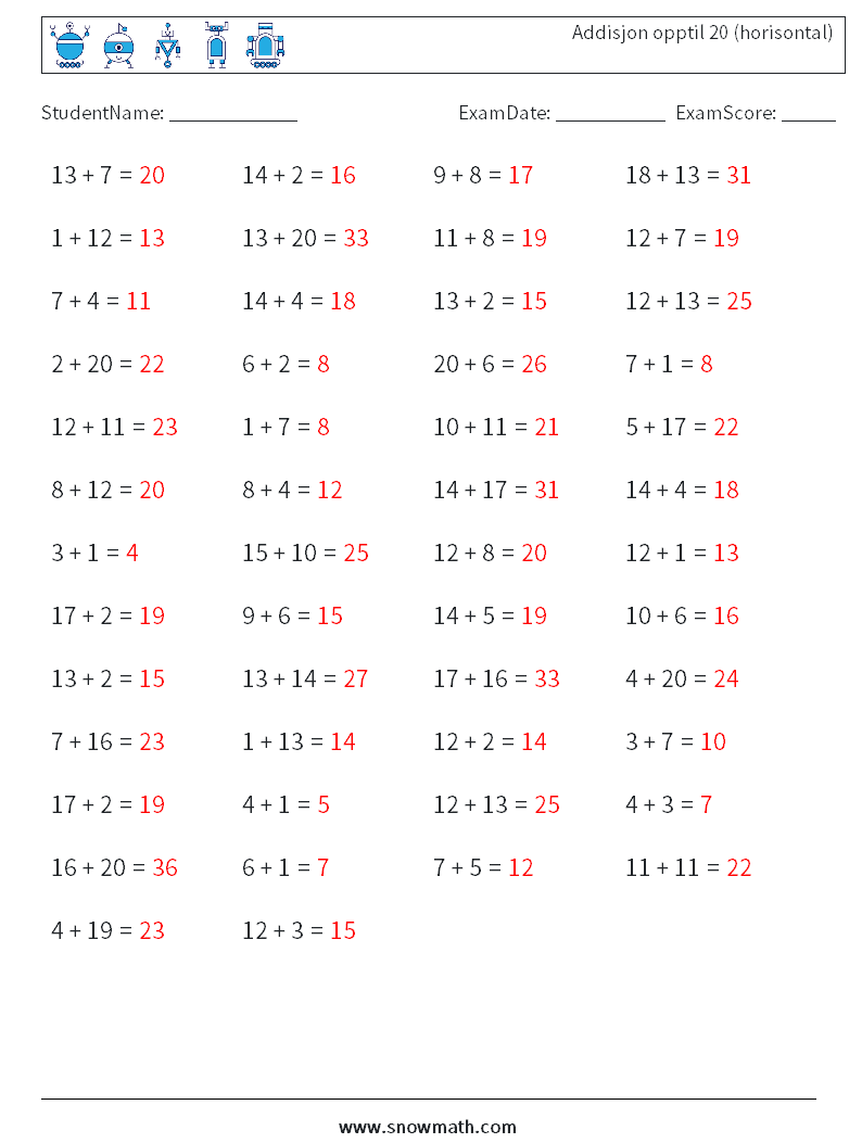 (50) Addisjon opptil 20 (horisontal) MathWorksheets 3 QuestionAnswer