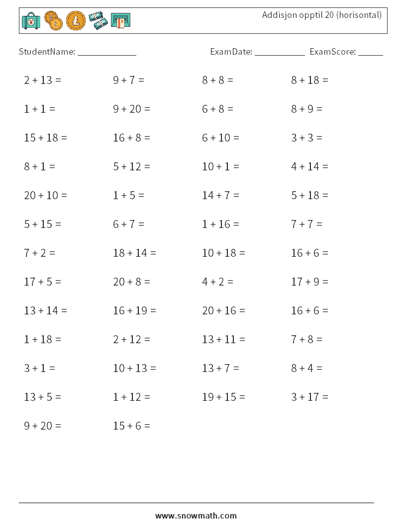 (50) Addisjon opptil 20 (horisontal) MathWorksheets 4