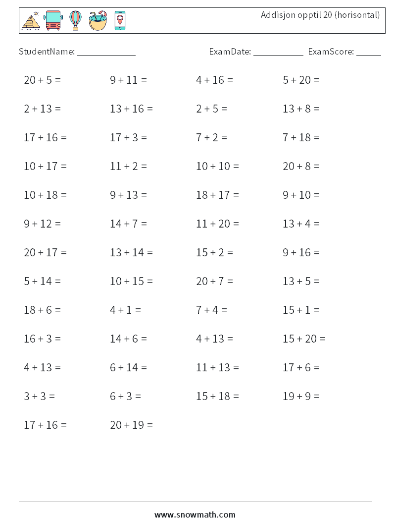 (50) Addisjon opptil 20 (horisontal) MathWorksheets 5