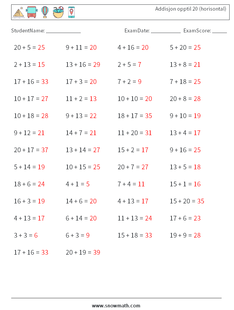 (50) Addisjon opptil 20 (horisontal) MathWorksheets 5 QuestionAnswer