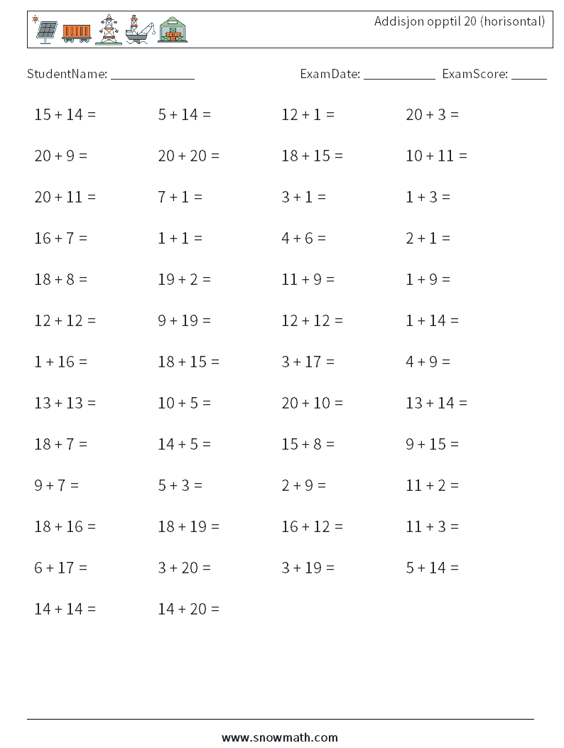 (50) Addisjon opptil 20 (horisontal) MathWorksheets 6
