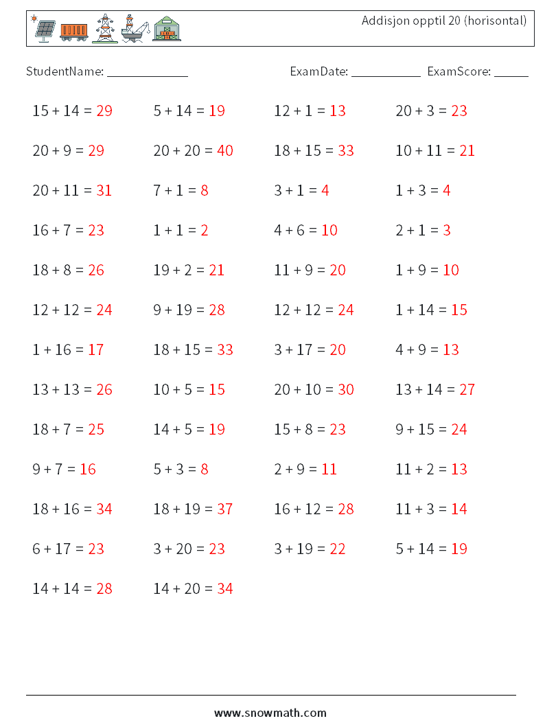 (50) Addisjon opptil 20 (horisontal) MathWorksheets 6 QuestionAnswer