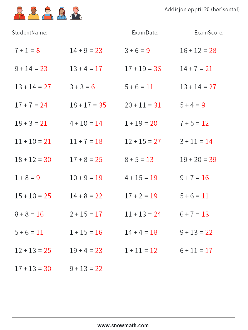 (50) Addisjon opptil 20 (horisontal) MathWorksheets 7 QuestionAnswer