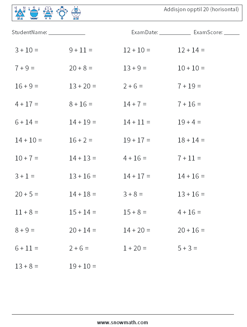 (50) Addisjon opptil 20 (horisontal) MathWorksheets 8