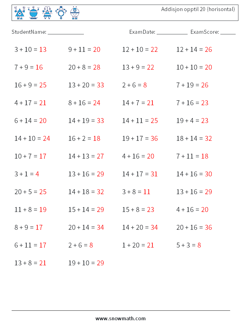 (50) Addisjon opptil 20 (horisontal) MathWorksheets 8 QuestionAnswer