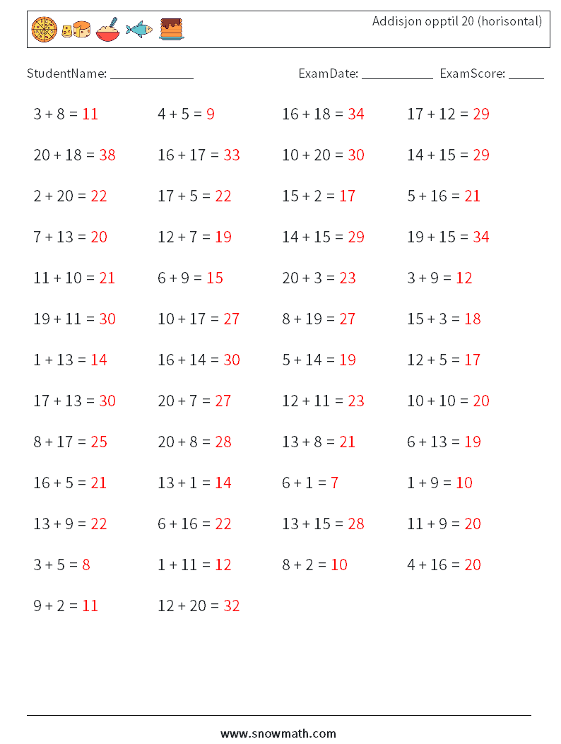 (50) Addisjon opptil 20 (horisontal) MathWorksheets 9 QuestionAnswer