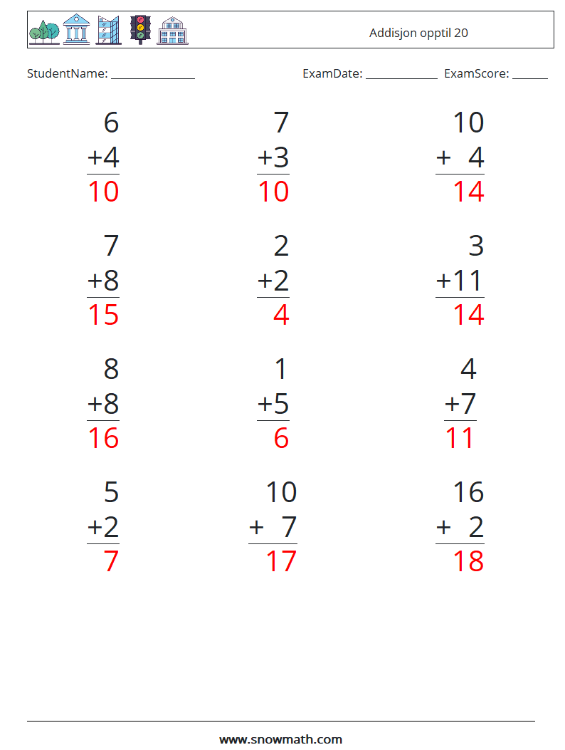 (12) Addisjon opptil 20 MathWorksheets 14 QuestionAnswer