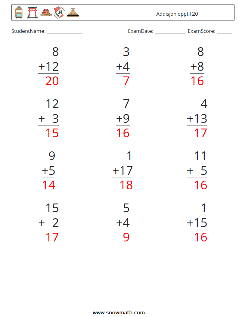 (12) Addisjon opptil 20 MathWorksheets 18 QuestionAnswer