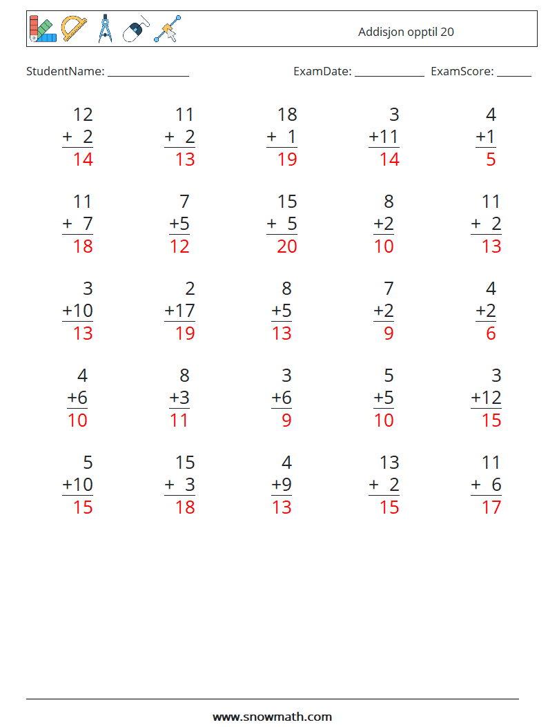 (25) Addisjon opptil 20 MathWorksheets 10 QuestionAnswer