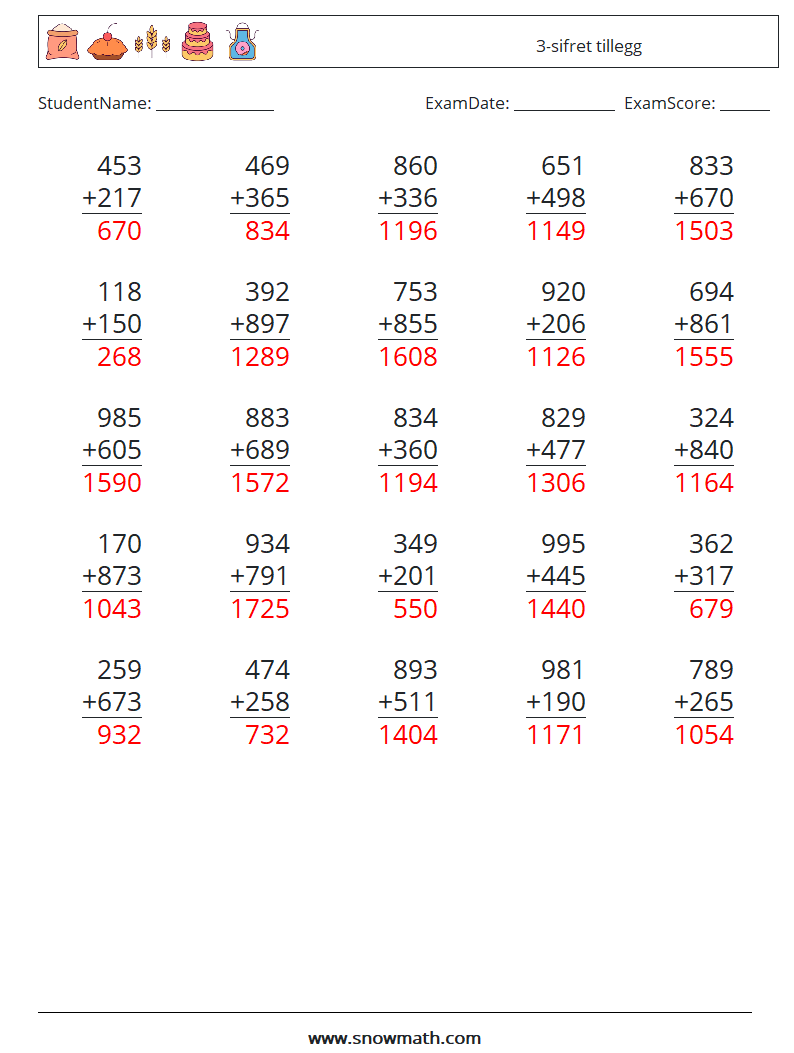 (25) 3-sifret tillegg MathWorksheets 14 QuestionAnswer