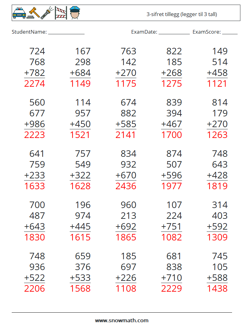 (25) 3-sifret tillegg (legger til 3 tall) MathWorksheets 13 QuestionAnswer