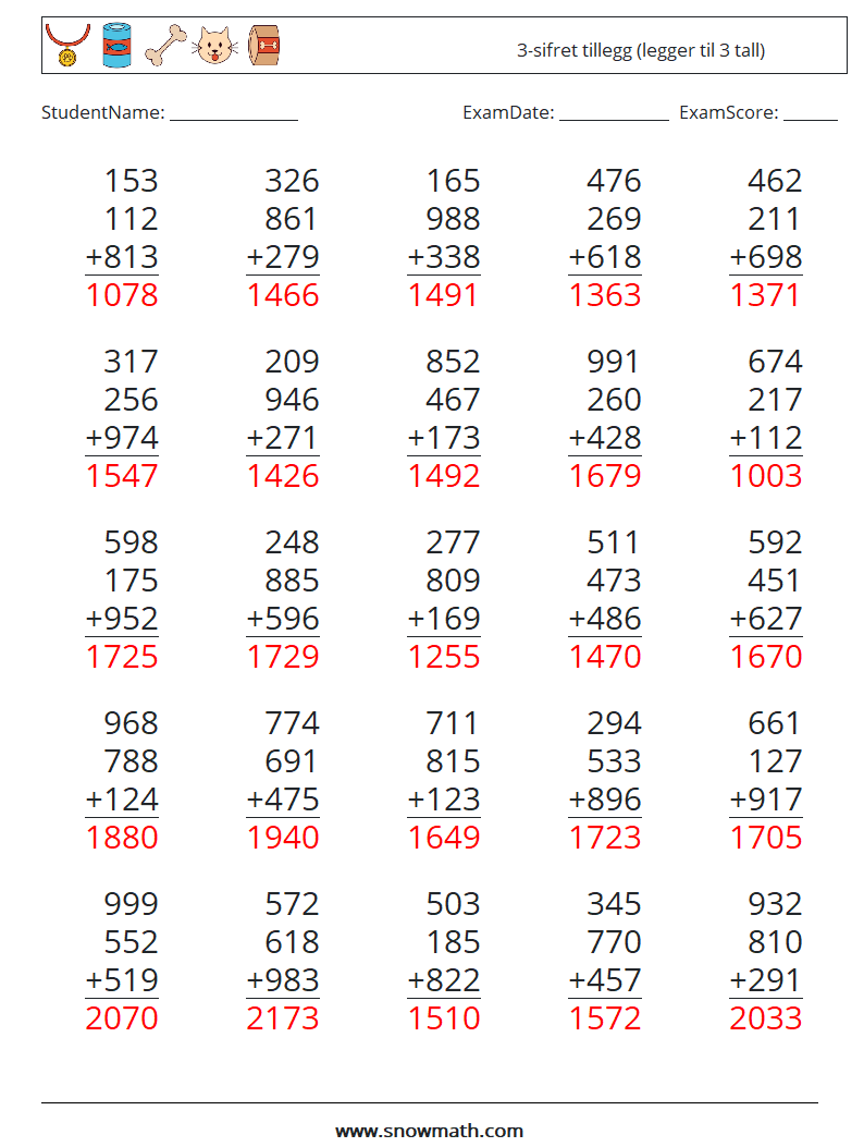 (25) 3-sifret tillegg (legger til 3 tall) MathWorksheets 18 QuestionAnswer