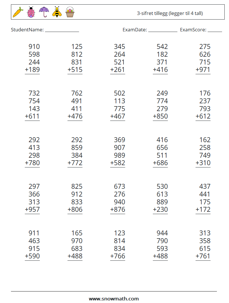 (25) 3-sifret tillegg (legger til 4 tall)
