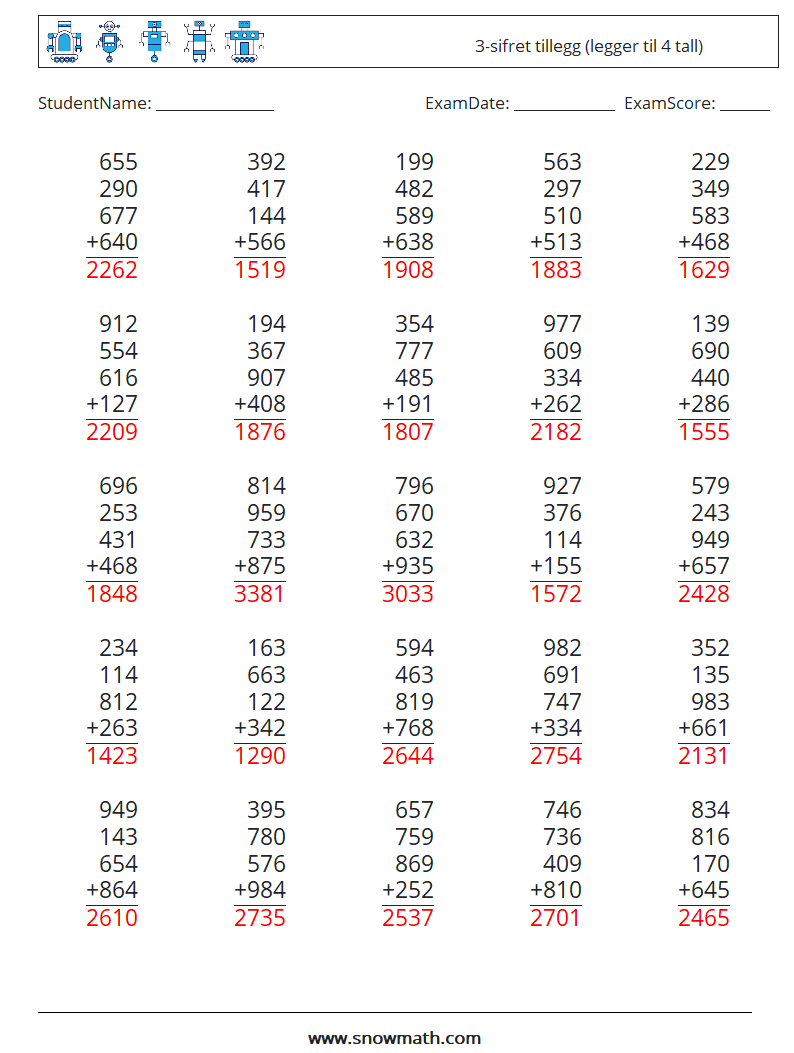 (25) 3-sifret tillegg (legger til 4 tall) MathWorksheets 10 QuestionAnswer