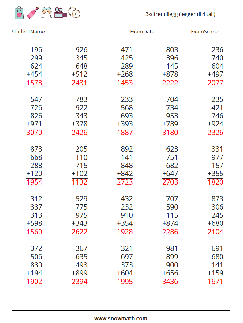 (25) 3-sifret tillegg (legger til 4 tall) MathWorksheets 11 QuestionAnswer