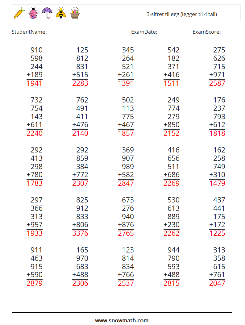 (25) 3-sifret tillegg (legger til 4 tall) MathWorksheets 1 QuestionAnswer