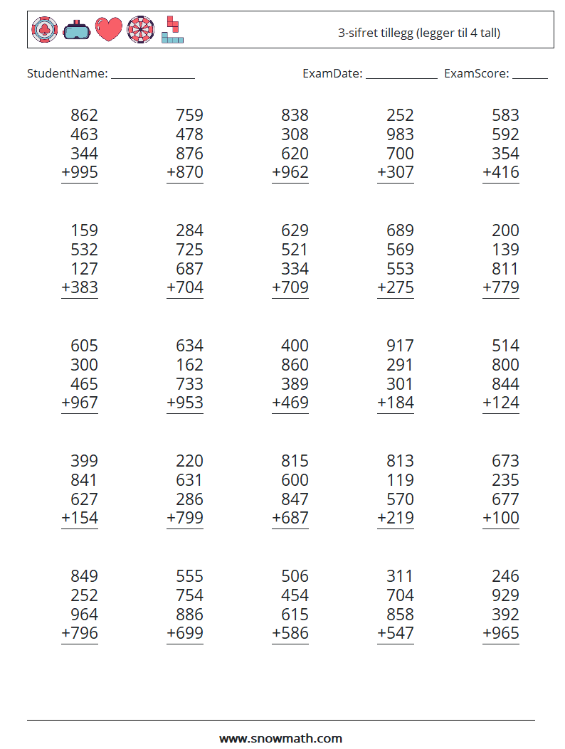 (25) 3-sifret tillegg (legger til 4 tall) MathWorksheets 3