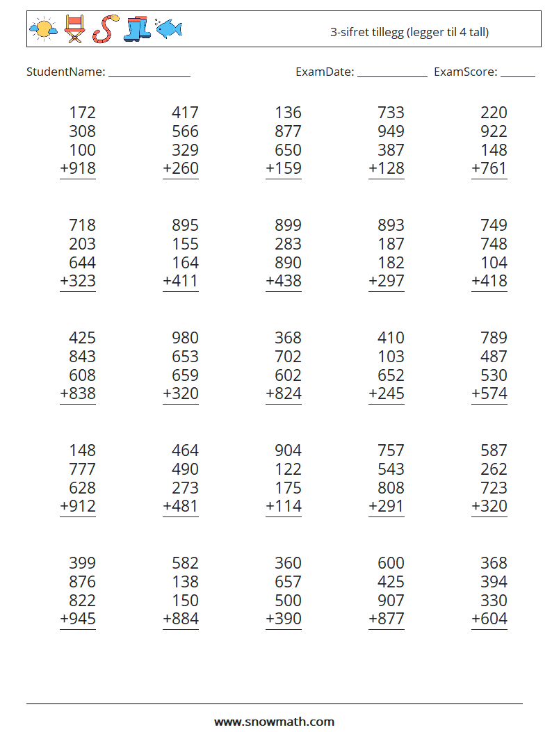 (25) 3-sifret tillegg (legger til 4 tall) MathWorksheets 4