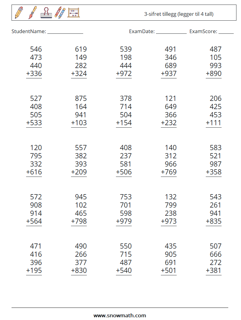 (25) 3-sifret tillegg (legger til 4 tall) MathWorksheets 5