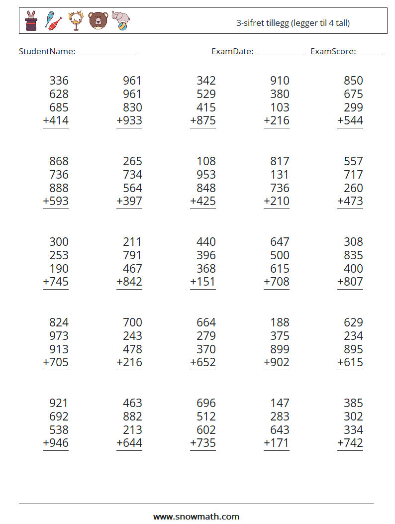 (25) 3-sifret tillegg (legger til 4 tall) MathWorksheets 6