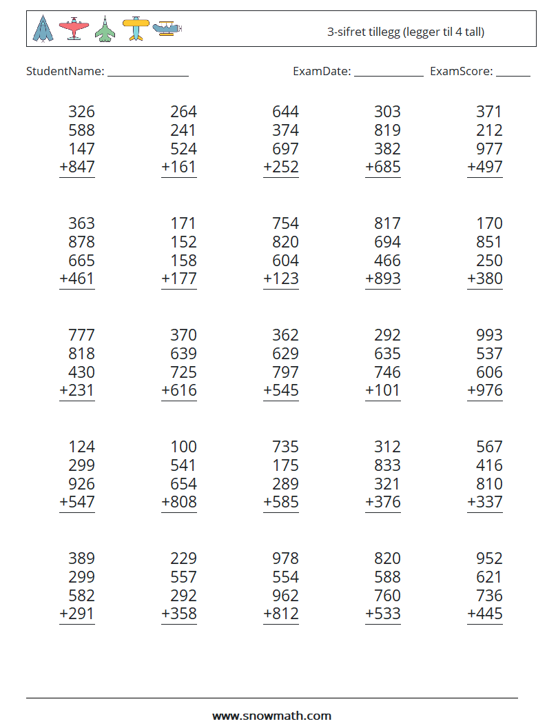 (25) 3-sifret tillegg (legger til 4 tall) MathWorksheets 7