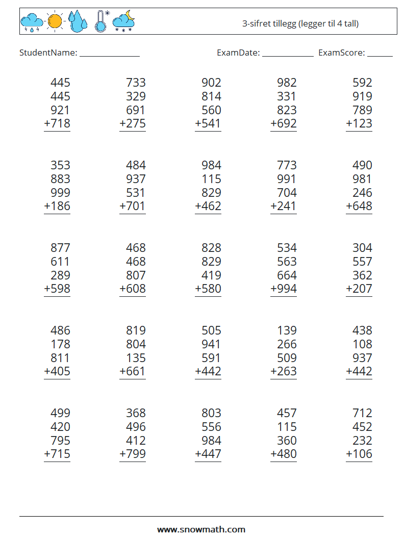 (25) 3-sifret tillegg (legger til 4 tall) MathWorksheets 9