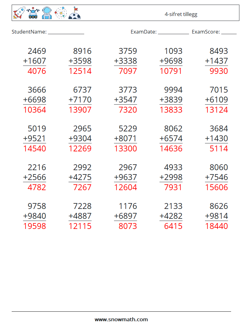 (25) 4-sifret tillegg MathWorksheets 12 QuestionAnswer