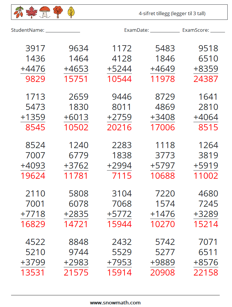 (25) 4-sifret tillegg (legger til 3 tall) MathWorksheets 10 QuestionAnswer