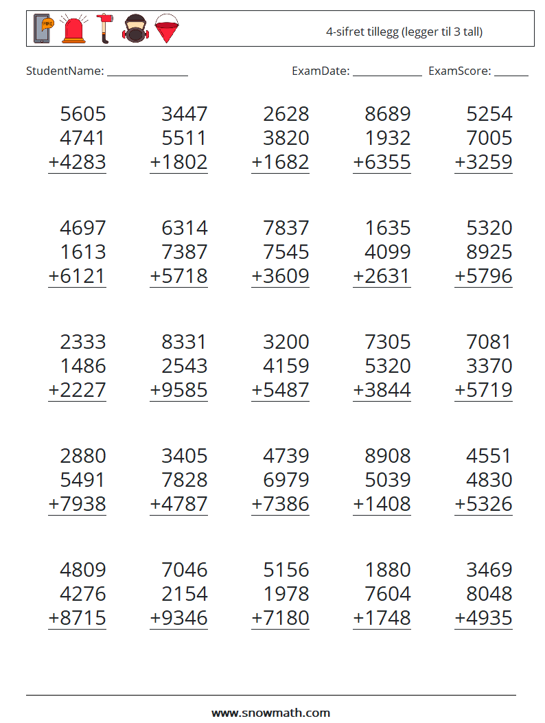(25) 4-sifret tillegg (legger til 3 tall) MathWorksheets 12
